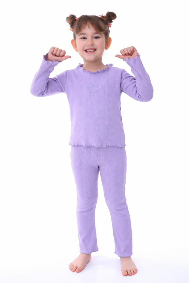 Kız Çocuk Fitilli Kumaş Kalp Nakışlı Uzun Kollu Takım