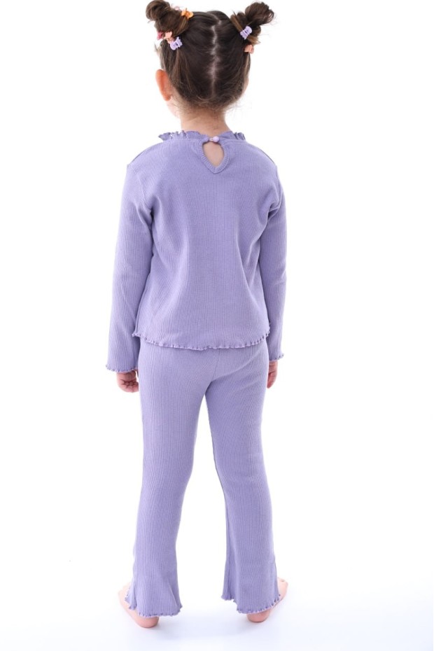 Kız Çocuk Fitilli Kumaş Kalp Nakışlı Uzun Kollu Takım