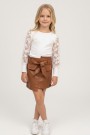 Kız Çocuk Danteli Kollu Bluz Ve Fiyonk Detaylı Deri Mini Etek Takımı