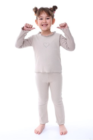 Kız Çocuk Fitilli Kumaş Kalp Nakışlı Uzun Kollu Takım