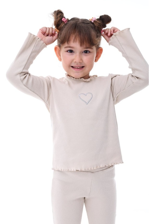 Kız Çocuk Fitilli Kumaş Kalp Nakışlı Uzun Kollu Takım