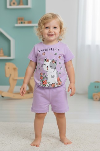 Bebek Sevimli Kedi Ve Çiçek Baskılı Kısa Kollu Tişört Ve Şortlu Yazlık Takım