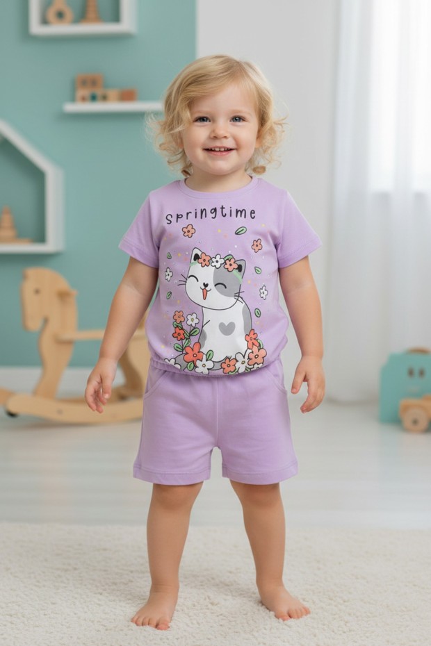 Bebek Sevimli Kedi Ve Çiçek Baskılı Kısa Kollu Tişört Ve Şortlu Yazlık Takım