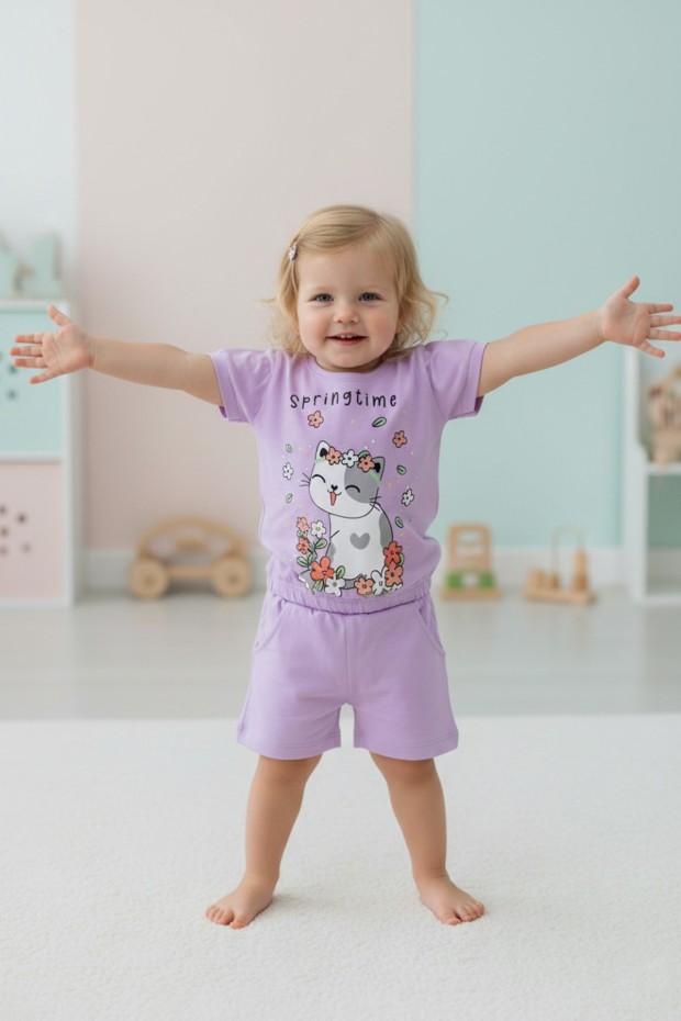 Bebek Sevimli Kedi Ve Çiçek Baskılı Kısa Kollu Tişört Ve Şortlu Yazlık Takım