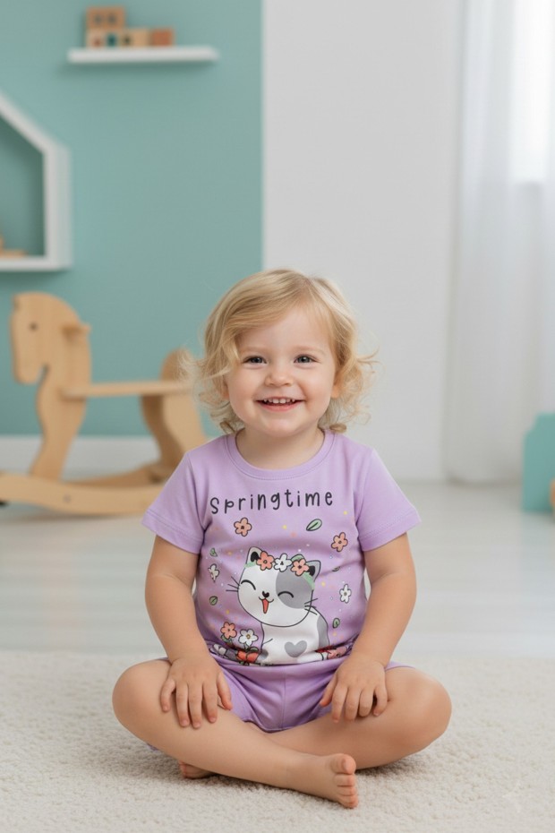 Bebek Sevimli Kedi Ve Çiçek Baskılı Kısa Kollu Tişört Ve Şortlu Yazlık Takım