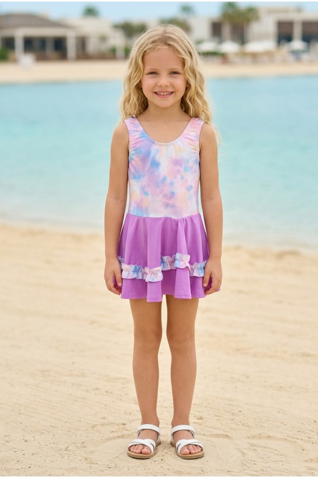 Kız Çocuk Polyester + Elastan Batik Desenli ve Fırfır Detaylı Etekli Kalın Askılı Şık Tasarım Yüzücü Mayosu