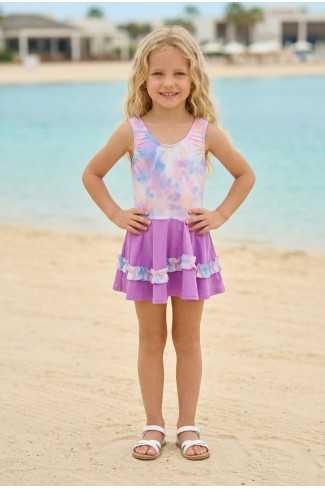 Kız Çocuk Polyester + Elastan Batik Desenli ve Fırfır Detaylı Etekli Kalın Askılı Şık Tasarım Yüzücü Mayosu