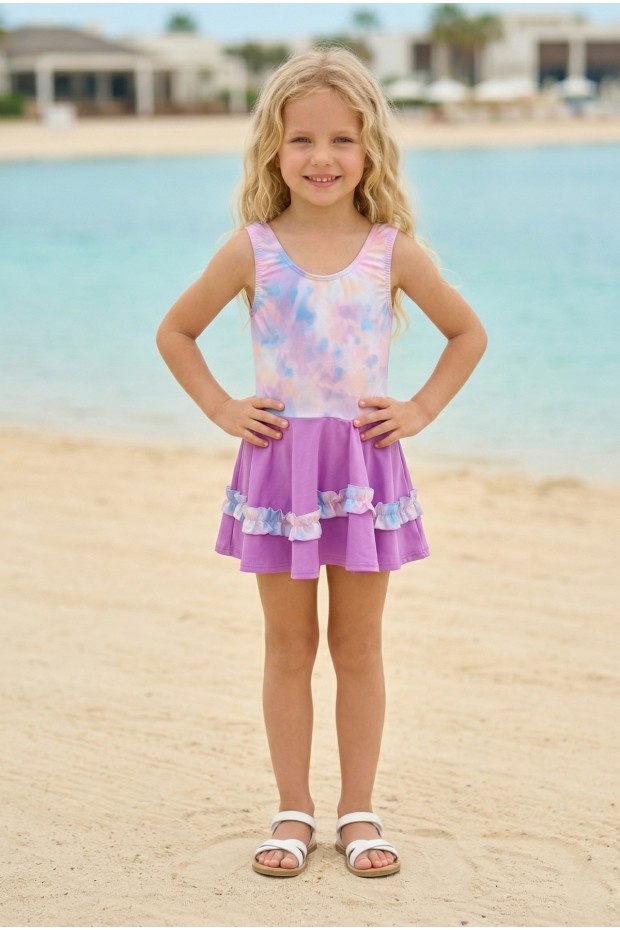 Kız Çocuk Polyester + Elastan Batik Desenli ve Fırfır Detaylı Etekli Kalın Askılı Şık Tasarım Yüzücü Mayosu