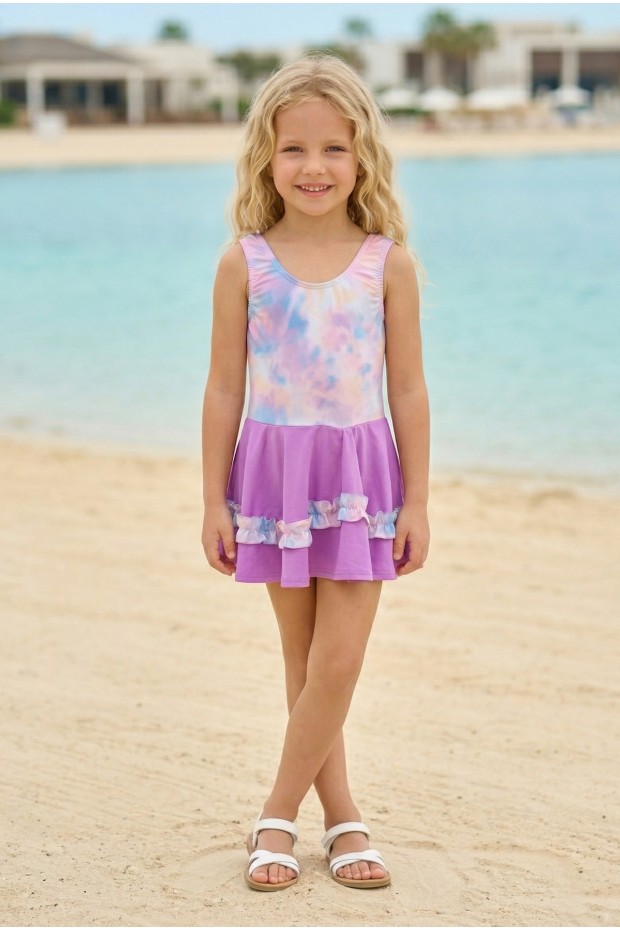 Kız Çocuk Polyester + Elastan Batik Desenli ve Fırfır Detaylı Etekli Kalın Askılı Şık Tasarım Yüzücü Mayosu