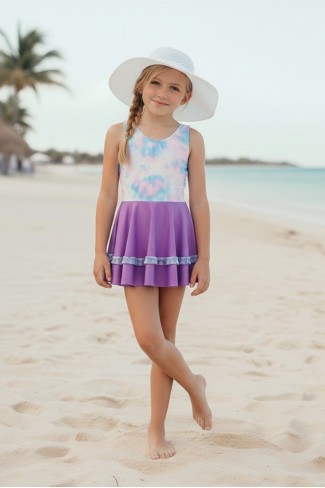 Kız Çocuk Polyester + Elastan Batik Desenli ve Fırfır Detaylı Etekli Kalın Askılı Şık Tasarım Yüzücü Mayosu