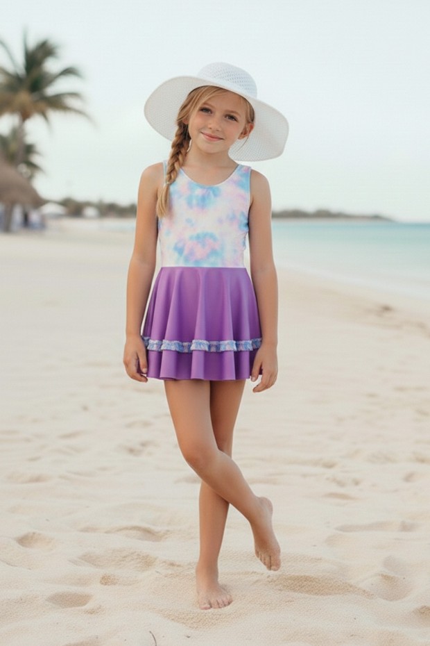 Kız Çocuk Polyester + Elastan Batik Desenli ve Fırfır Detaylı Etekli Kalın Askılı Şık Tasarım Yüzücü Mayosu