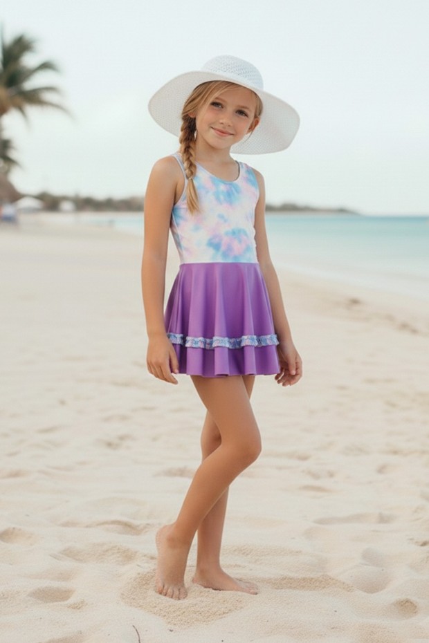 Kız Çocuk Polyester + Elastan Batik Desenli ve Fırfır Detaylı Etekli Kalın Askılı Şık Tasarım Yüzücü Mayosu