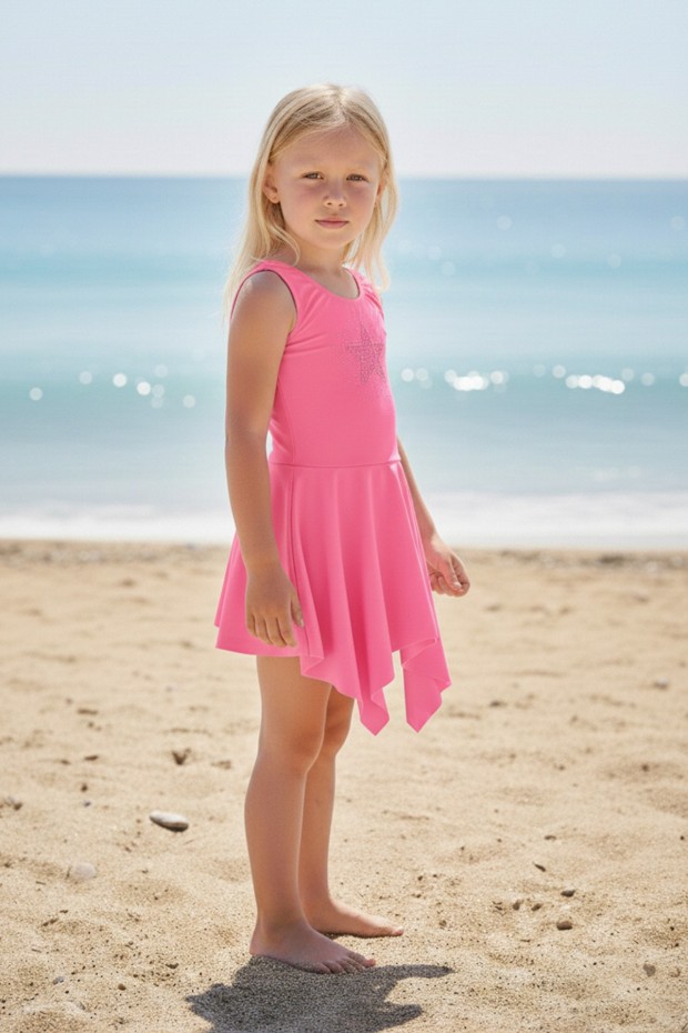 Kız Çocuk Polyester + Elastan Parıltılı Yıldız İşlemeli Etekli Mayo