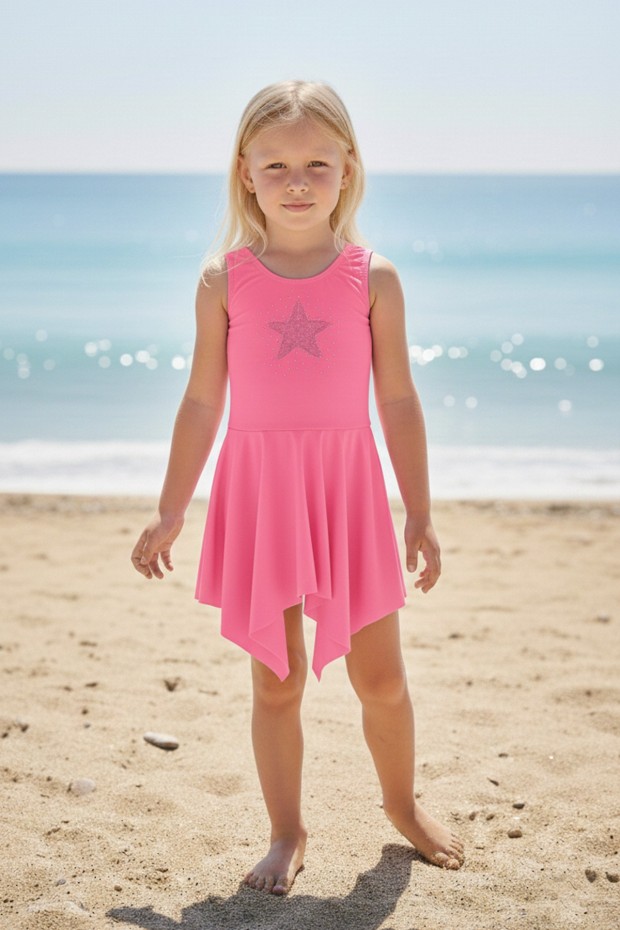 Kız Çocuk Polyester + Elastan Parıltılı Yıldız İşlemeli Etekli Mayo