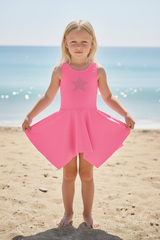 Kız Çocuk Polyester + Elastan Parıltılı Yıldız İşlemeli Etekli Mayo