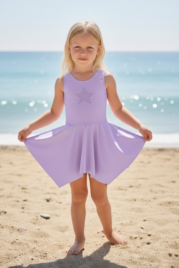 Kız Çocuk Polyester + Elastan Parıltılı Yıldız İşlemeli Etekli Mayo