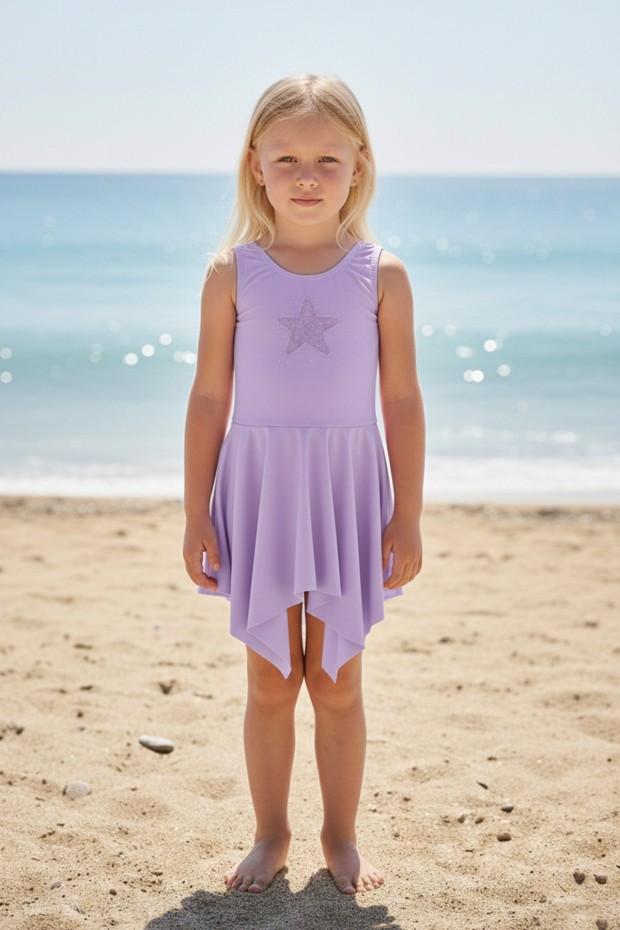 Kız Çocuk Polyester + Elastan Parıltılı Yıldız İşlemeli Etekli Mayo