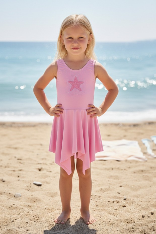 Kız Çocuk Polyester + Elastan Parıltılı Yıldız İşlemeli Etekli Mayo