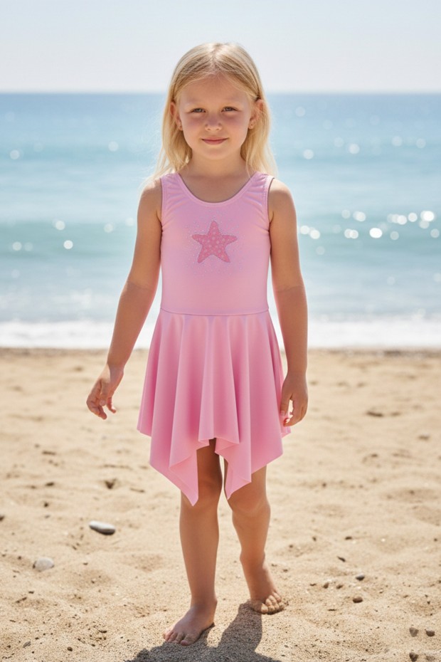 Kız Çocuk Polyester + Elastan Parıltılı Yıldız İşlemeli Etekli Mayo