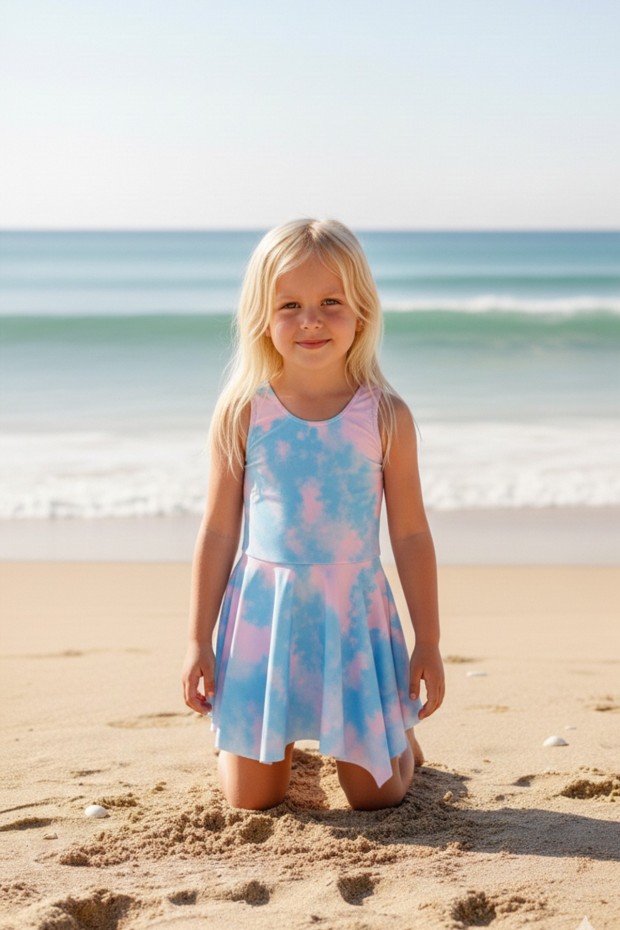 Kız Çocuk Polyester + Elastan Batik Desenli  Askılı Plaj Şık Tasarım Yüzücü Mayosu