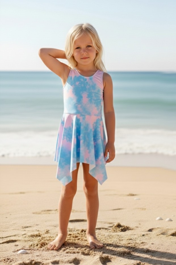 Kız Çocuk Polyester + Elastan Batik Desenli  Askılı Plaj Şık Tasarım Yüzücü Mayosu