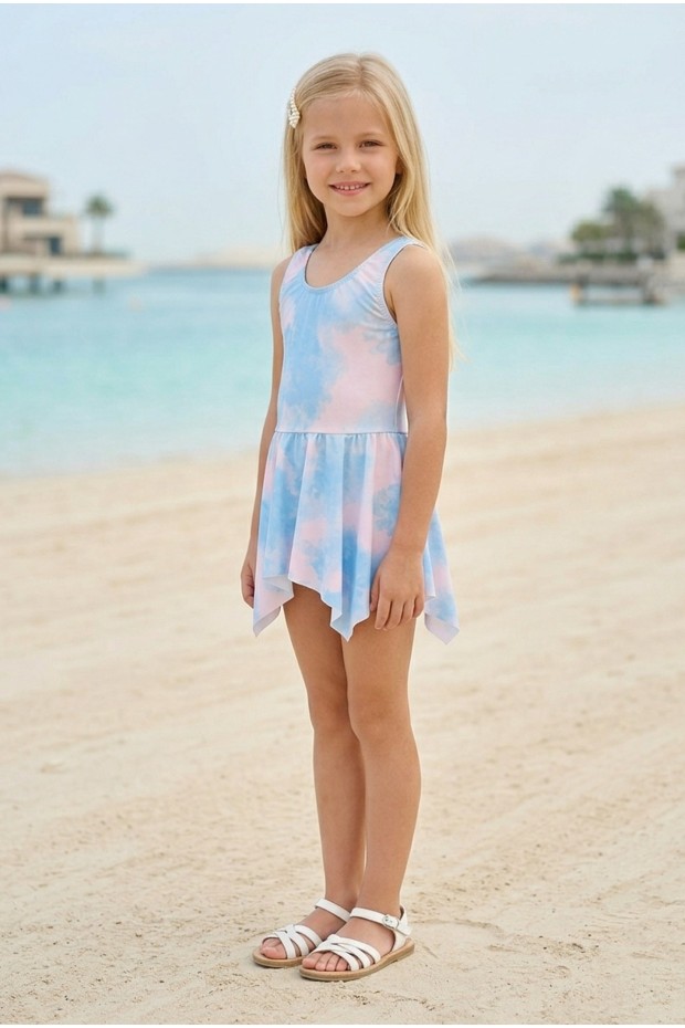 Kız Çocuk Polyester + Elastan Batik Desenli  Askılı Plaj Şık Tasarım Yüzücü Mayosu