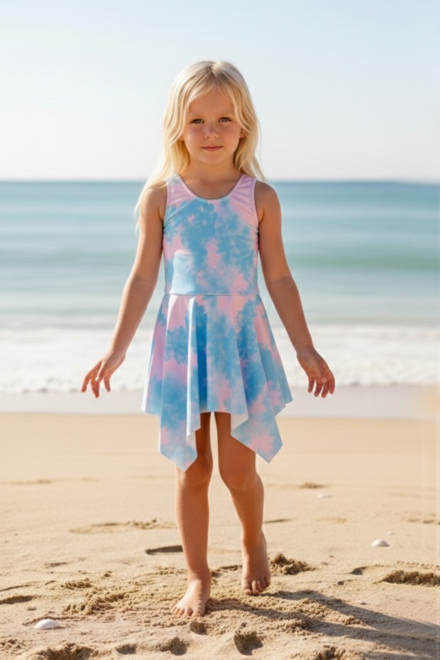 Kız Çocuk Polyester + Elastan Batik Desenli  Askılı Plaj Şık Tasarım Yüzücü Mayosu