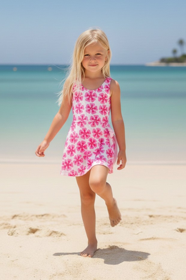 Kız Çocuk Polyester + Elastan Çiçek Desenli Pareo Görünümlü Askılı Etekli Şık Tasarım Yüzücü Mayosu