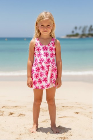 Kız Çocuk Polyester + Elastan Çiçek Desenli Pareo Görünümlü Askılı Etekli Şık Tasarım Yüzücü Mayosu