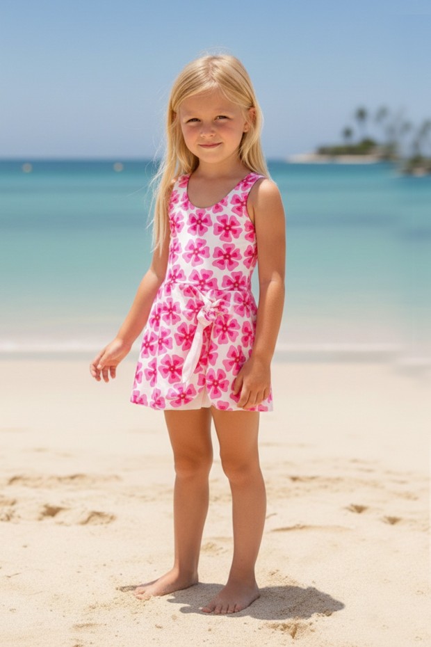 Kız Çocuk Polyester + Elastan Çiçek Desenli Pareo Görünümlü Askılı Etekli Şık Tasarım Yüzücü Mayosu