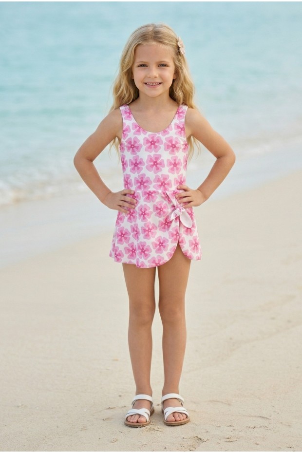 Kız Çocuk Polyester + Elastan Çiçek Desenli Pareo Görünümlü Askılı Etekli Şık Tasarım Yüzücü Mayosu