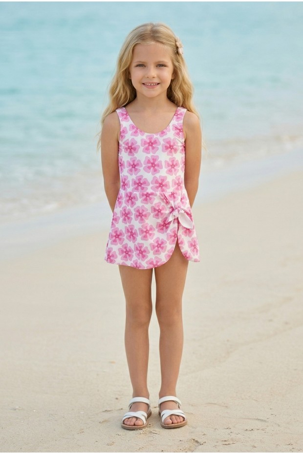 Kız Çocuk Polyester + Elastan Çiçek Desenli Pareo Görünümlü Askılı Etekli Şık Tasarım Yüzücü Mayosu