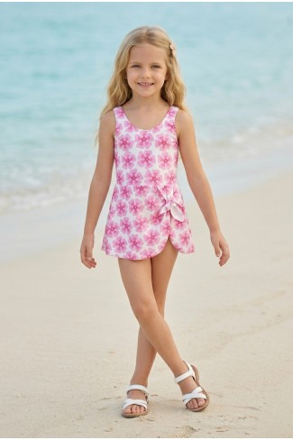 Kız Çocuk Polyester + Elastan Çiçek Desenli Pareo Görünümlü Askılı Etekli Şık Tasarım Yüzücü Mayosu