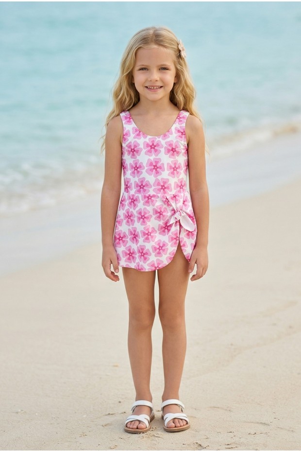 Kız Çocuk Polyester + Elastan Çiçek Desenli Pareo Görünümlü Askılı Etekli Şık Tasarım Yüzücü Mayosu