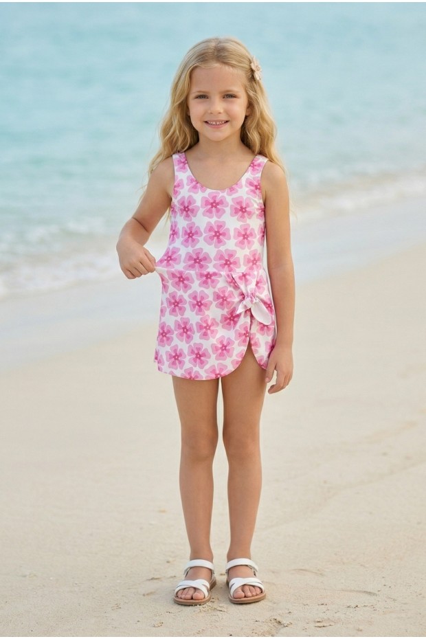 Kız Çocuk Polyester + Elastan Çiçek Desenli Pareo Görünümlü Askılı Etekli Şık Tasarım Yüzücü Mayosu