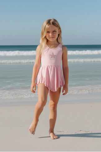 Kız Çocuk Polyester + Elastan Yıldız İşlemeli ve Püskül Detaylı Etekli Şık Tasarım Yüzücü Mayosu