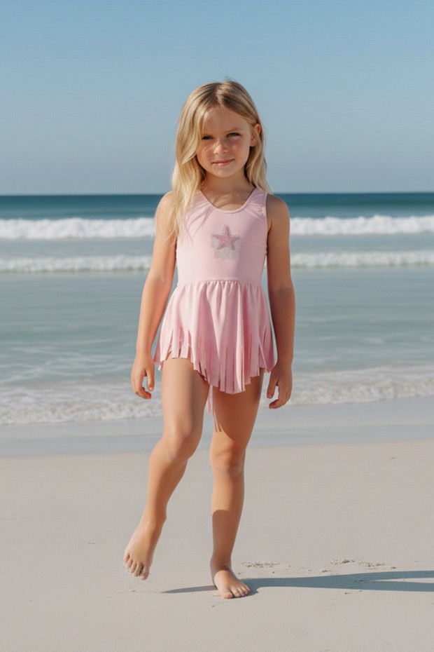 Kız Çocuk Polyester + Elastan Yıldız İşlemeli ve Püskül Detaylı Etekli Şık Tasarım Yüzücü Mayosu