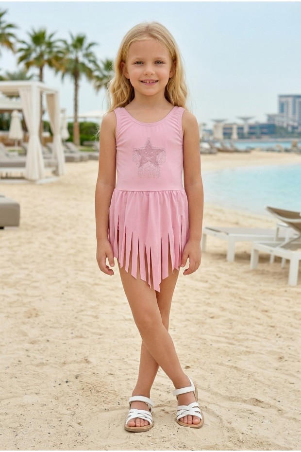 Kız Çocuk Polyester + Elastan Yıldız İşlemeli ve Püskül Detaylı Etekli Şık Tasarım Yüzücü Mayosu