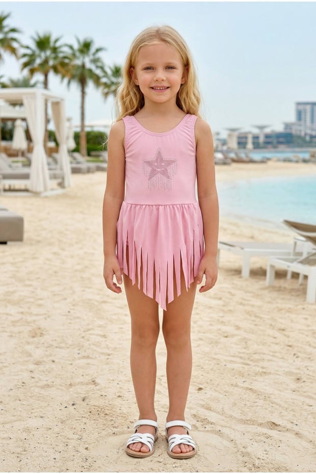 Kız Çocuk Polyester + Elastan Yıldız İşlemeli ve Püskül Detaylı Etekli Şık Tasarım Yüzücü Mayosu