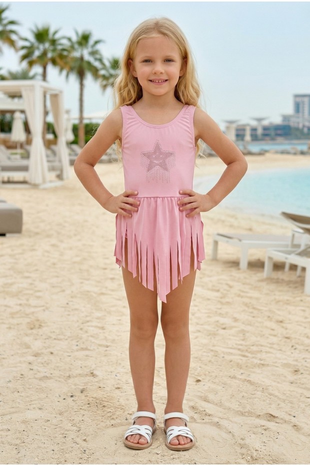 Kız Çocuk Polyester + Elastan Yıldız İşlemeli ve Püskül Detaylı Etekli Şık Tasarım Yüzücü Mayosu
