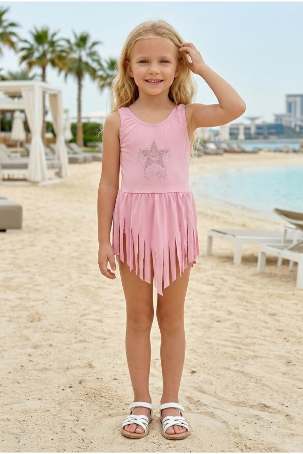 Kız Çocuk Polyester + Elastan Yıldız İşlemeli ve Püskül Detaylı Etekli Şık Tasarım Yüzücü Mayosu
