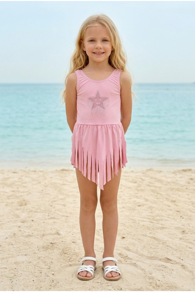 Kız Çocuk Polyester + Elastan Yıldız İşlemeli ve Püskül Detaylı Etekli Şık Tasarım Yüzücü Mayosu