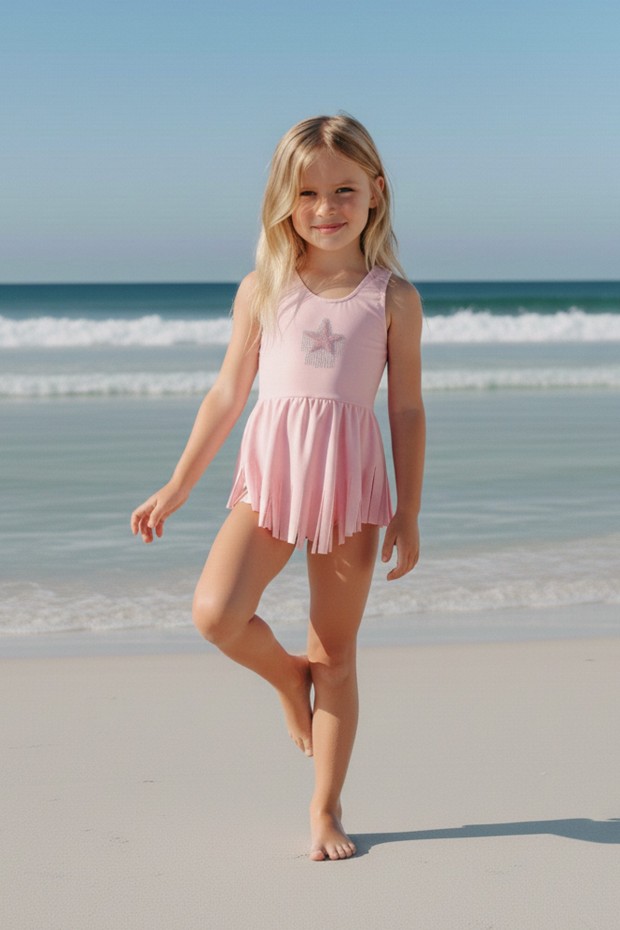 Kız Çocuk Polyester + Elastan Yıldız İşlemeli ve Püskül Detaylı Etekli Şık Tasarım Yüzücü Mayosu