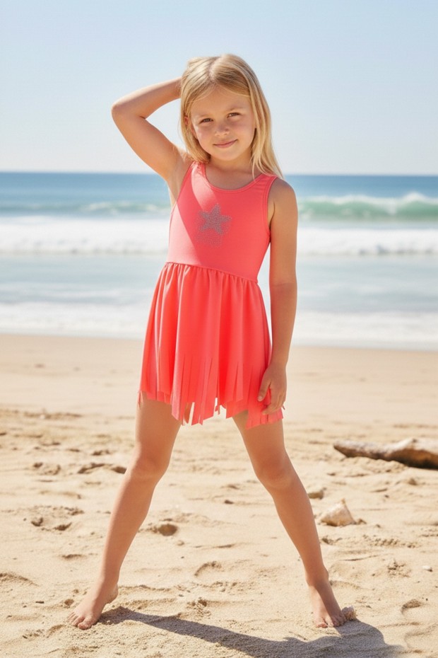 Kız Çocuk Polyester + Elastan Yıldız İşlemeli ve Püskül Detaylı Etekli Şık Tasarım Yüzücü Mayosu