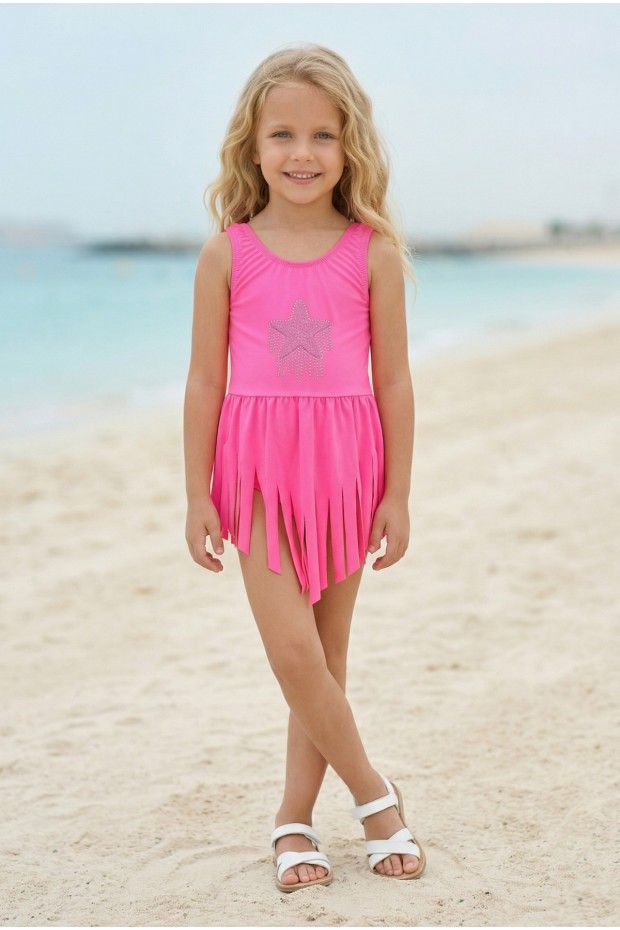 Kız Çocuk Polyester + Elastan Yıldız İşlemeli ve Püskül Detaylı Etekli Şık Tasarım Yüzücü Mayosu