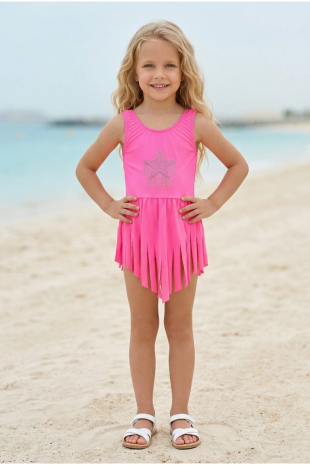 Kız Çocuk Polyester + Elastan Yıldız İşlemeli ve Püskül Detaylı Etekli Şık Tasarım Yüzücü Mayosu