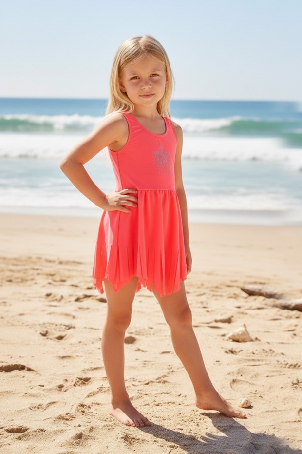 Kız Çocuk Polyester + Elastan Yıldız İşlemeli ve Püskül Detaylı Etekli Şık Tasarım Yüzücü Mayosu