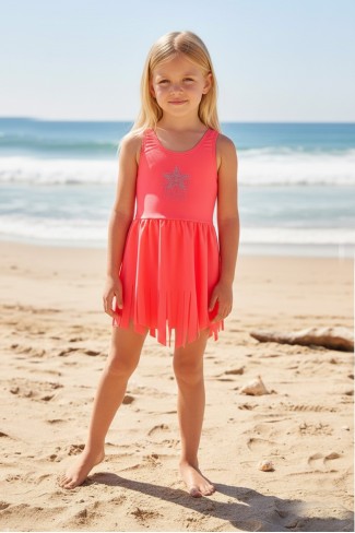 Kız Çocuk Polyester + Elastan Yıldız İşlemeli ve Püskül Detaylı Etekli Şık Tasarım Yüzücü Mayosu