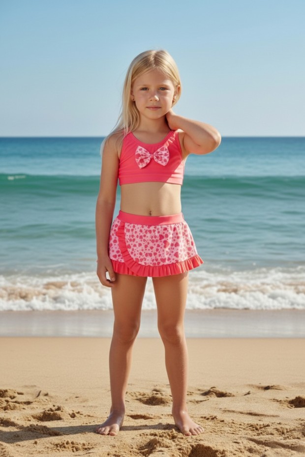 Kız Çocuk Polyester + Elastan Kırmızı Kalp Desenli Fiyonk Detaylı Etekli Şık ve Esnek Yüzücü Mayosu