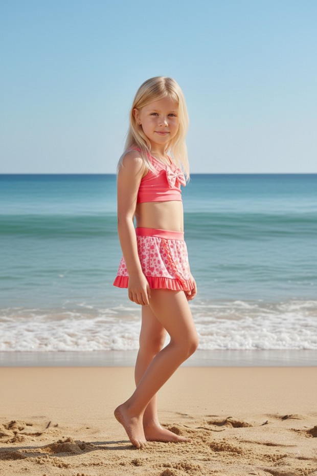 Kız Çocuk Polyester + Elastan Kırmızı Kalp Desenli Fiyonk Detaylı Etekli Şık ve Esnek Yüzücü Mayosu